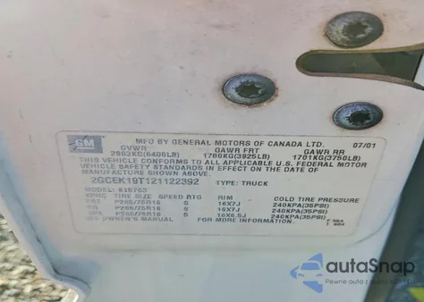 2002 Chevrolet Silverado K1500 from USA, damaged, VIN 2GCEK19T121122392